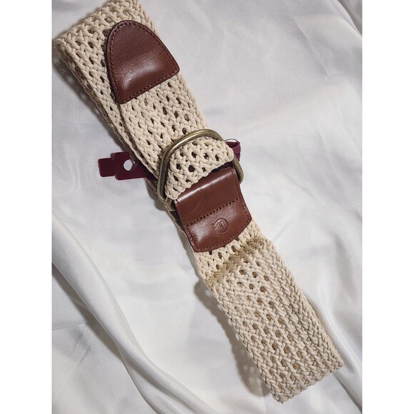 Etienne Aigner Womens 2.5" Wide Belt Crochet Leather Brass Buckle Adjustable Med - Picture 3 of 7